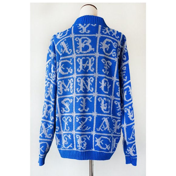 Vintage ADELE 80s 90s Blue White Alphabet Letters Sweater - Picture 7 of 9